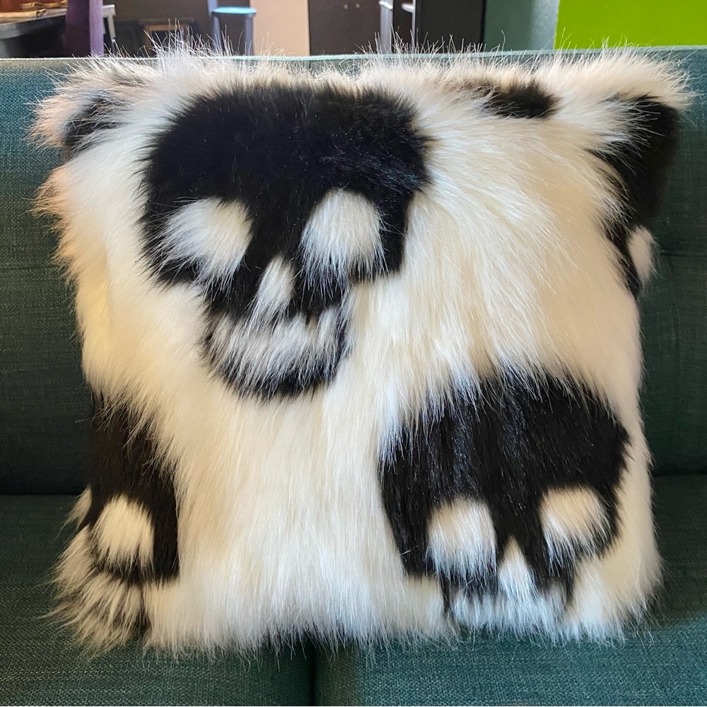 Furry Black White 18” Square Skull Pillow Removable Case